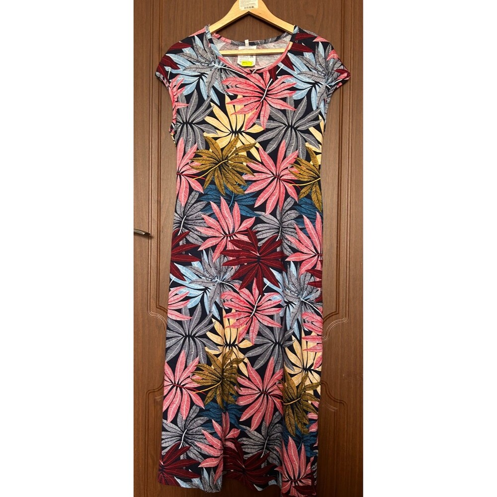Womens L Multicolor Floral Cotton Midi House Dress Short Sleeve Casual Dress